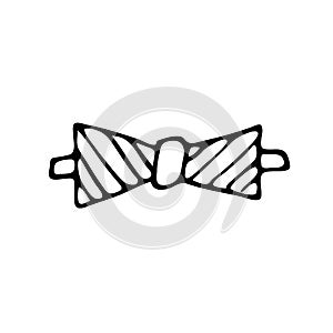 Doodle bow tie. Vector illustration. The icon of the black outline of a bow tie isolated on a white background. Part of the festiv