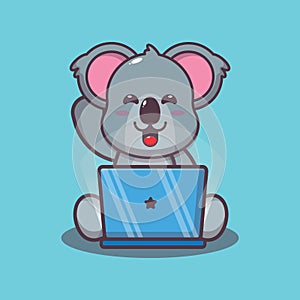 Cute koala with laptop. Cute animal cartoon illustration. photo