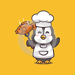 Cute penguin chef with fish
