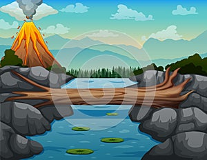 Background scene with a river and volcano erupt