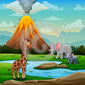 Volcano eruption landscape with animals playing by the river