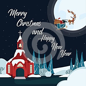 Christmas card -red church santa big moon, Christmas eve, night, Santa Clause on the sledge with raindeers, Christmas scene