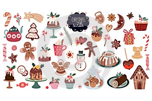 Christmas sweets big collection, with seasonal winter desserts, muffins, cookies, gingerbread, rolls, vector design