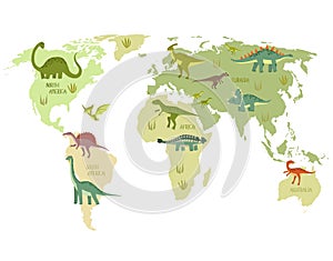 Print. World map with dinosaurs.