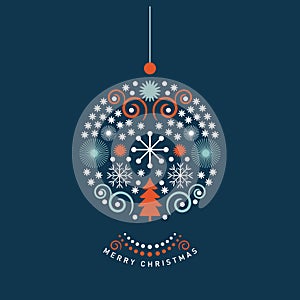 Merry Christmas and Happy New Year greeting card , Seasons greetings, Vector illustration. Christmas ball on dark background