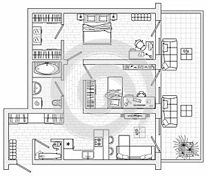 Floor plan with furniture in top view. Architectural set of furniture thin line icons. ector interior blueprint
