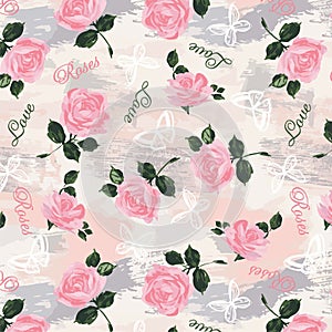 Watercolor roses and butterflies on decorative brused background