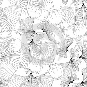 Gingko biloba seamless background pattern. Black line leaves on white background.