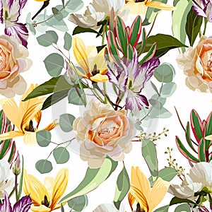 Seamless floral pattern with pink violet tropical magnolia, tulips, roses flowers with leaves with leaves on white background.