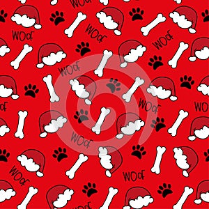 Dog paw seamless pattern for Christmas - paw print, and Santas hat, bone and woof text on red backgound. photo