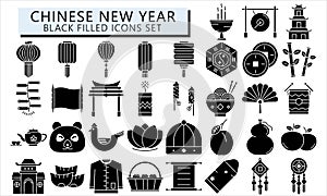 Chinese new year black filled icons set