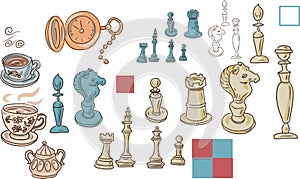 Chess doodle line graphics vector hand drawn games tournaments. Separate elements of the figure on a white background photo