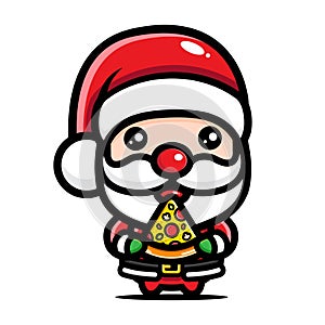 Cute santa claus cartoon character design holding a slice of pizza