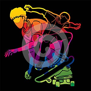 Group of People Play Skateboard Extreme Sport Skateboarder Action Cartoon Graphic Vector