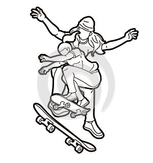 Group of People Play Skateboard Extreme Sport Skateboarder Action Cartoon Graphic Vector