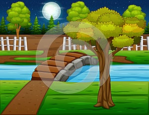 Background scene with river bridge and trees at night