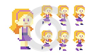 Pixel cute blonde girl character walk run animation illustration photo