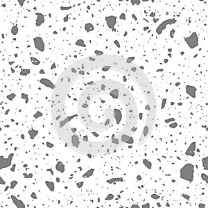 Terrazzo flooring black and white seamless pattern. Trencadis texture with stone chips. Vector