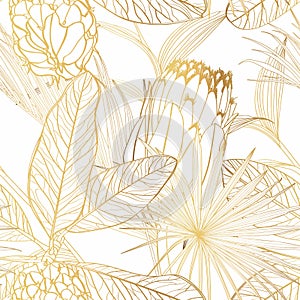 Exotic tropical floral golden line flowers, magnolia branch, protea, fan palm leaves seamless pattern.