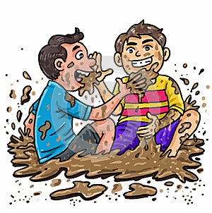 Two kids boy playing with mud.