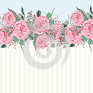 Horizontal striped pattern with pink roses with leaves, herbs. Cute wedding floral vector design frame.