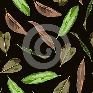 Floral seamless pattern, magnolia plant leaves on black. Brown, pastel vintage theme.