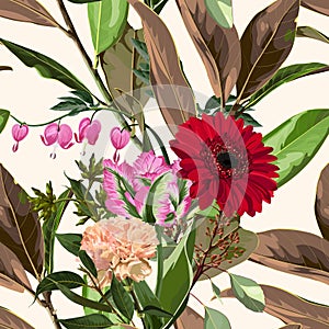 Floral Seamless Pattern with gerbera, tulip, clove flowers and magnolia branch with leaves.