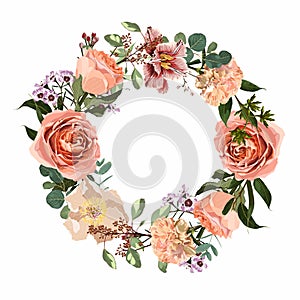 Wreath frame, border - hand painted watercolor style flower composition with creamy roses, tulips, peony and herbs.