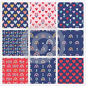 Set of cute seamless patterns with hearts, rainbows and flowers