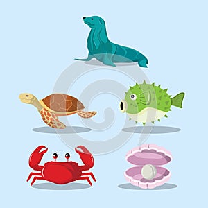 Sea Animals Cartoon Vector Cute