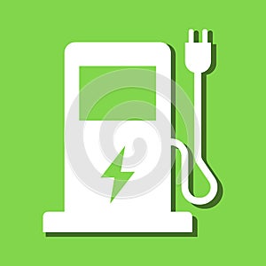 Green eco electric fuel pump icon, Charging point station for hybrid vehicles cars square sign, isolated on green background.