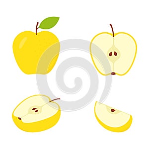 Cute fresh sliced apple collection. Set of half, slice and whole of juicy yellow apple.
