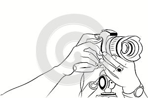 draw a photographic hand illustration with a camera, black and white