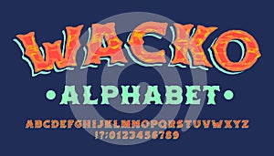 Wacko alphabet font. Multicolor handwritten messy letters and numbers.