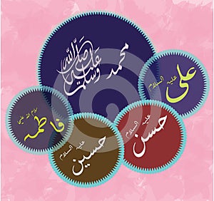 Names of Punjtan Pak spirtual personalities of Islam in arabic Calligraphy Ya Muhammad .S.A.W Ya Ali Ya Fatima Ya Hassan A.SPrint