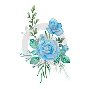 Watercolor flowers bouquet and arrangement with blue roses and green leaves photo