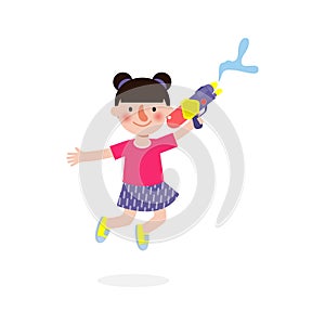 Songkran festival kids holding water gun and jumping enjoy splashing water in Songkran Thailand Traditional New Year`s Day Vector