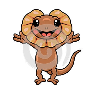 Cute little frilled lizard cartoon raising hands