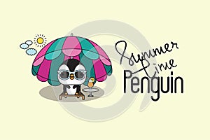 Cute little penguin resting on the beach in the sun on deck chairs under a umbrella