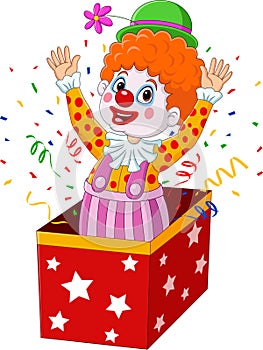 Cartoon clown jumping out of the box