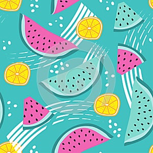 Fruits seamless pattern watermelonslice and citron on turquoise backgound