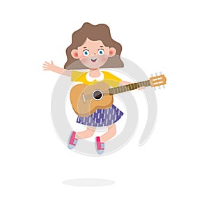 Cute kid jumping playing guitar, happy children boy playing the guitar. Musical performance. isolated vector Illustration