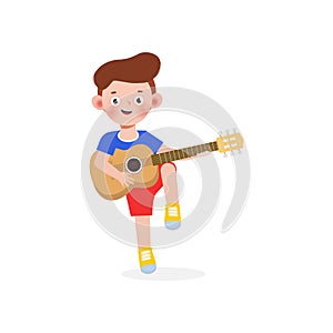 Cute kid jumping playing guitar, happy children boy playing the guitar. Musical performance. isolated vector Illustration