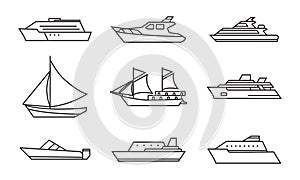 set of various boats. giant sea boats, yacht, sailboat, & fishing ships