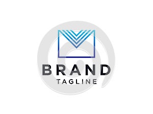 Blue Square Rounded Line Letter M Mail Logo. Flat Vector Logo Design Template Element.