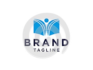 Education Logo. BlueShape Open Book Icon with Negative Space People Symbol inside isolated on White Background. Flat Vector Logo D