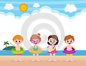 Hello summer banner template of Cute kids and rubber ring on the beach. children cartoon floating on inflatable in the ocean