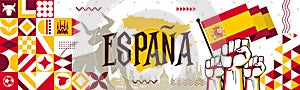 Spain national day design for EspaÃÂ±a or Espana with Spanish flag, map, bull and red yellow theme. Madrid skyline. photo