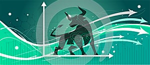 Bull vector design with green stock market background for Bull market and Up arrow chart graph for bullish stocks.