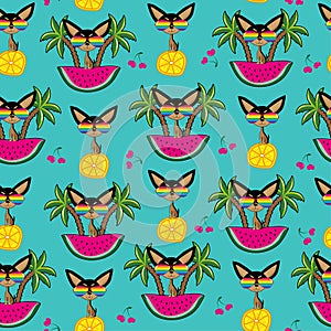 Tropical seamless pattern, with funny cartoon chihuahua dog and watermelon, lemon slice, cherry and island.